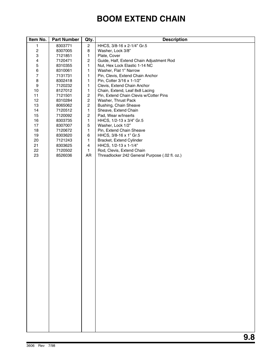 Boom extend chain | SkyTrak 3606 Parts Manual User Manual | Page 201 / 238