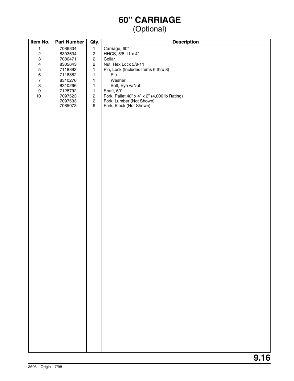 60” carriage, Optional) | SkyTrak 3606 Parts Manual User Manual | Page 209 / 238