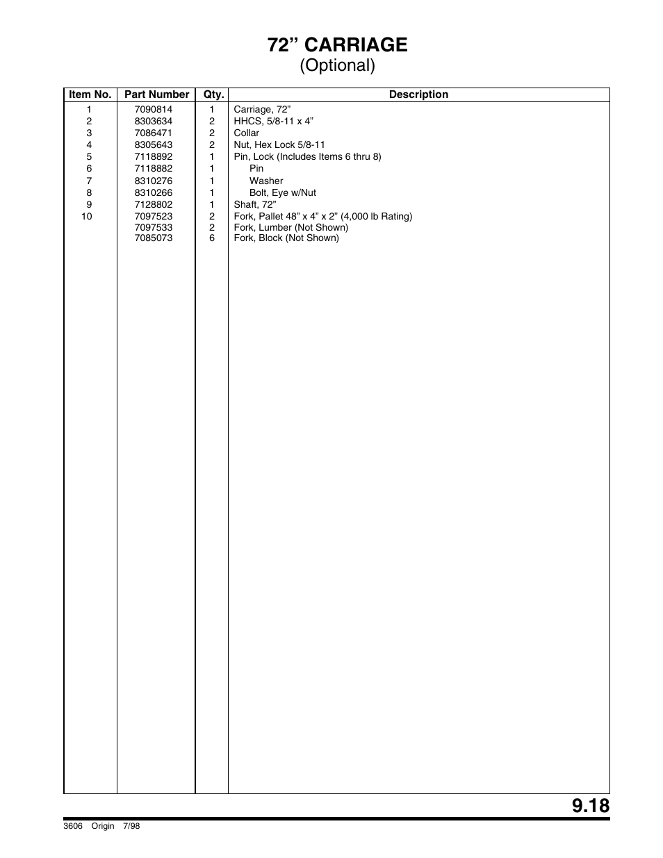 72” carriage, Optional) | SkyTrak 3606 Parts Manual User Manual | Page 211 / 238