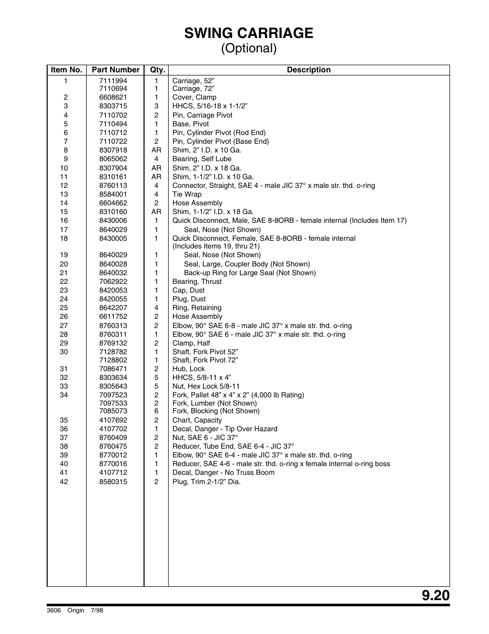 Swing carriage, Optional) | SkyTrak 3606 Parts Manual User Manual | Page 213 / 238