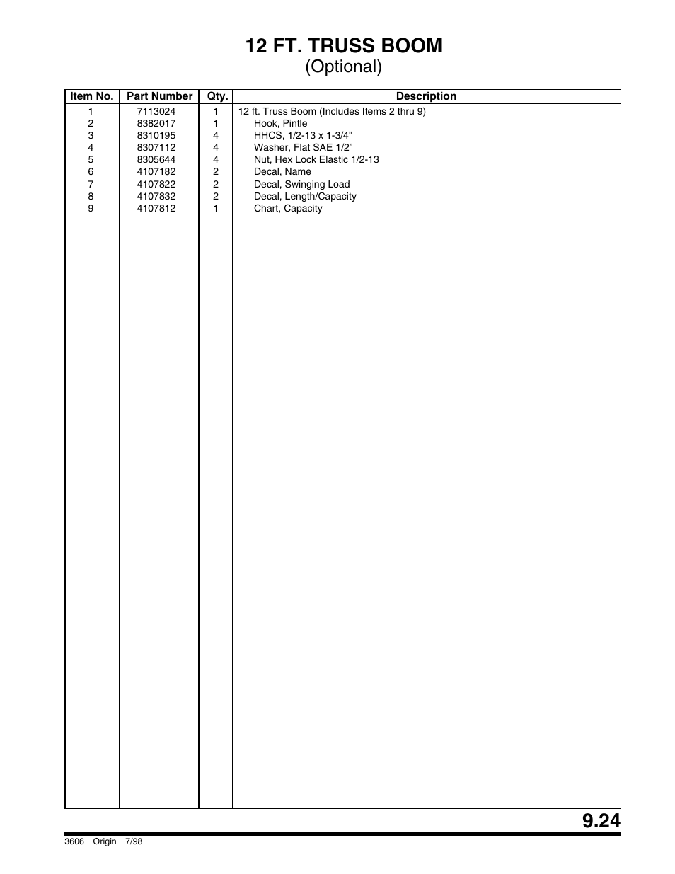 12 ft. truss boom, Optional) | SkyTrak 3606 Parts Manual User Manual | Page 217 / 238