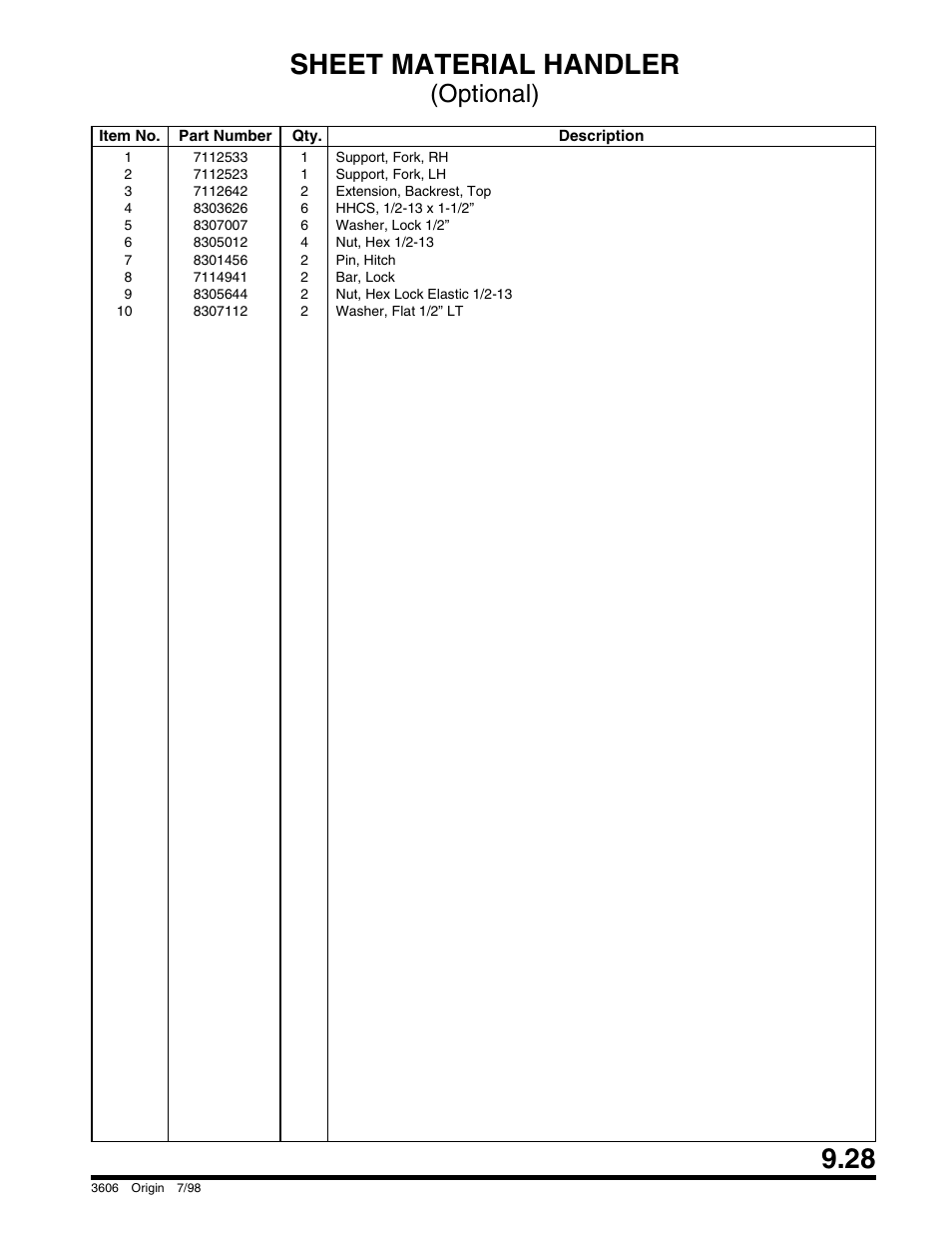 Sheet material handler, Optional) | SkyTrak 3606 Parts Manual User Manual | Page 221 / 238