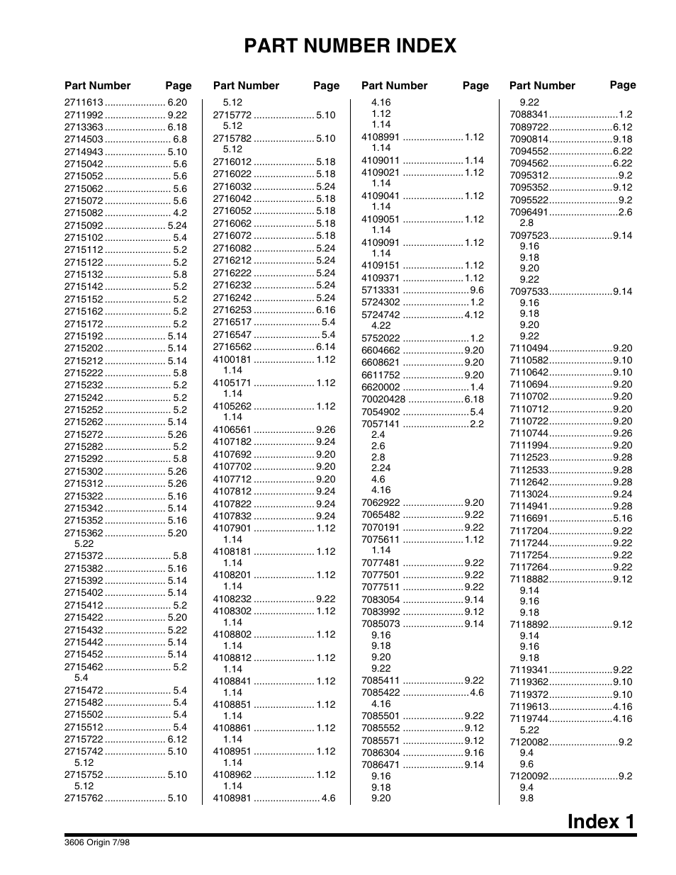 Part number index, Part number index index 1 | SkyTrak 3606 Parts Manual User Manual | Page 227 / 238