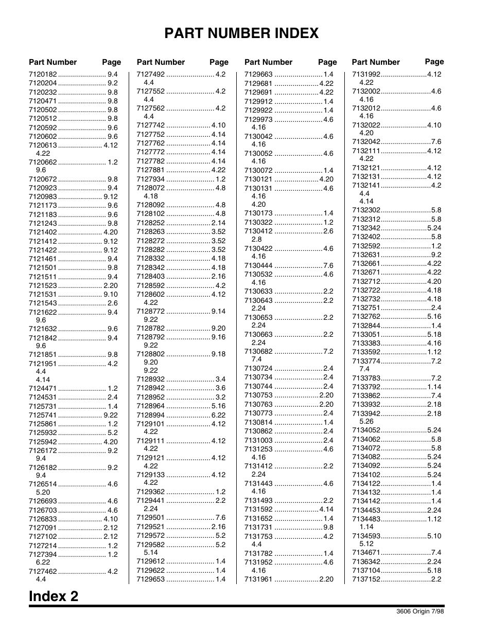 Part number index, Index 2 | SkyTrak 3606 Parts Manual User Manual | Page 228 / 238