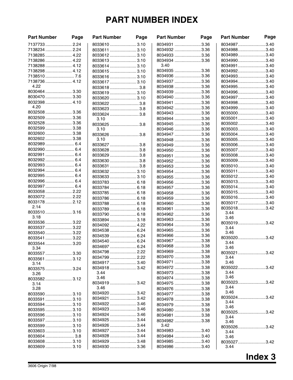 Part number index index 3 | SkyTrak 3606 Parts Manual User Manual | Page 229 / 238