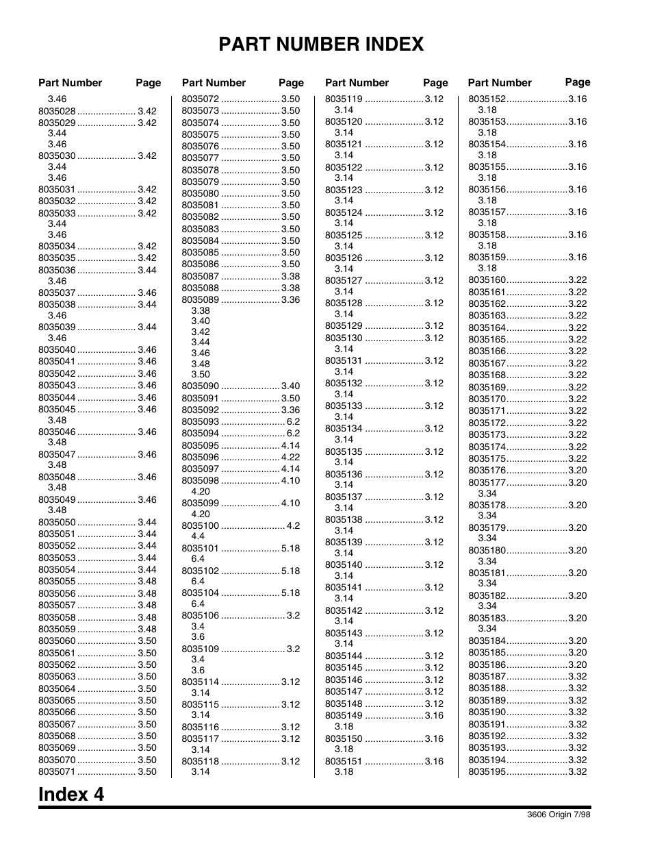 Part number index, Index 4 | SkyTrak 3606 Parts Manual User Manual | Page 230 / 238