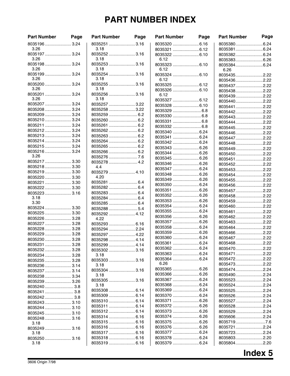 Part number index index 5 | SkyTrak 3606 Parts Manual User Manual | Page 231 / 238