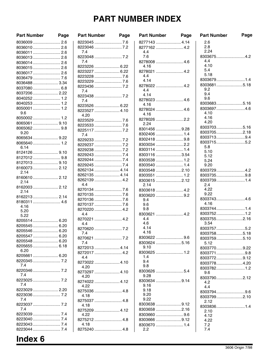 Part number index, Index 6 | SkyTrak 3606 Parts Manual User Manual | Page 232 / 238