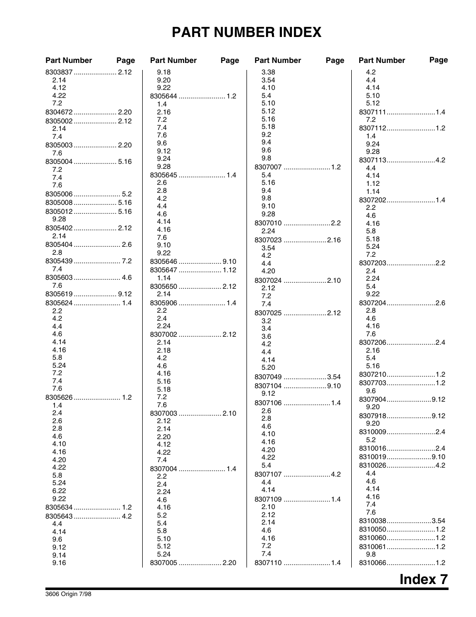 Part number index index 7 | SkyTrak 3606 Parts Manual User Manual | Page 233 / 238