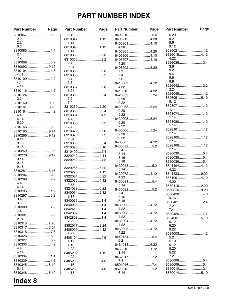 Part number index, Index 8 | SkyTrak 3606 Parts Manual User Manual | Page 234 / 238