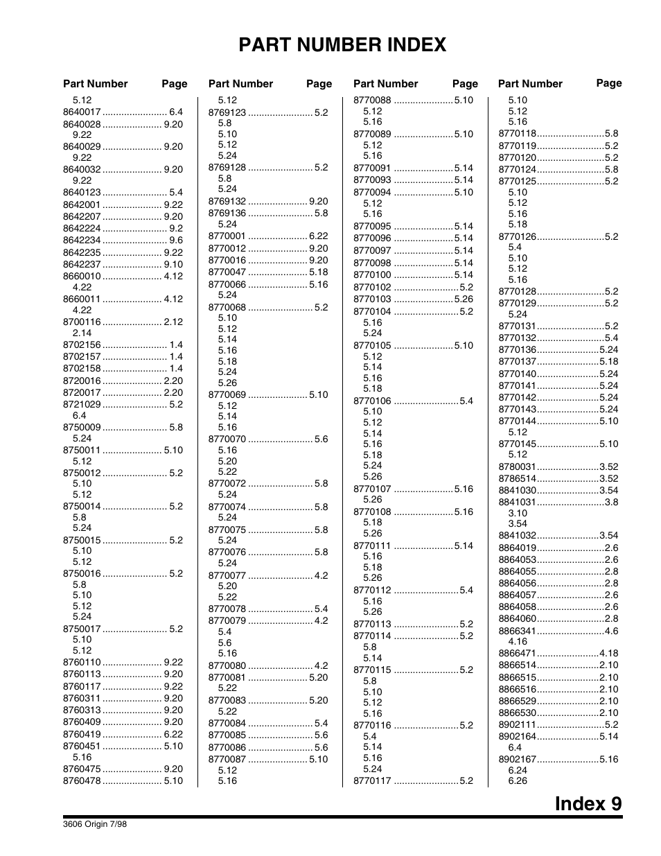 Part number index index 9 | SkyTrak 3606 Parts Manual User Manual | Page 235 / 238