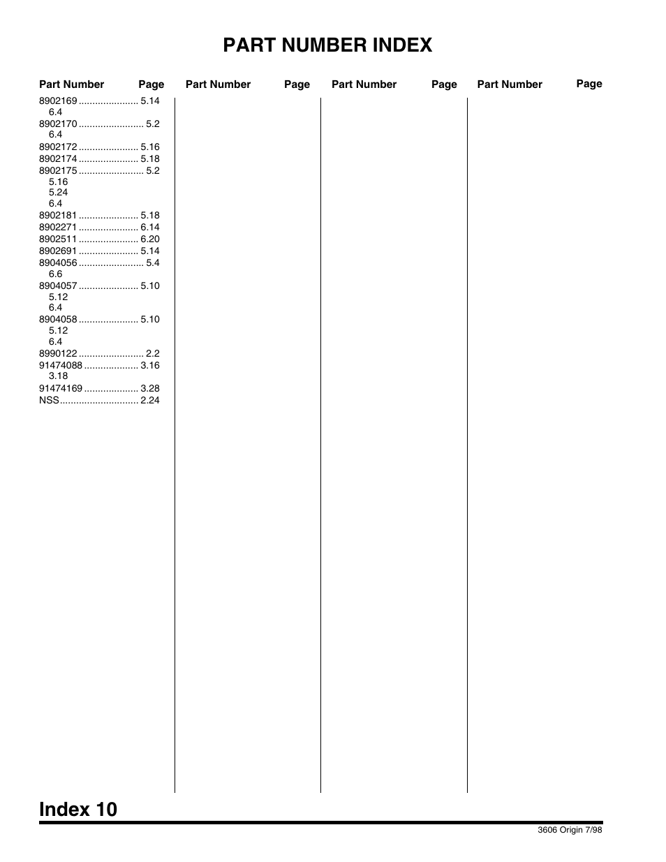 Part number index, Index 10 | SkyTrak 3606 Parts Manual User Manual | Page 236 / 238