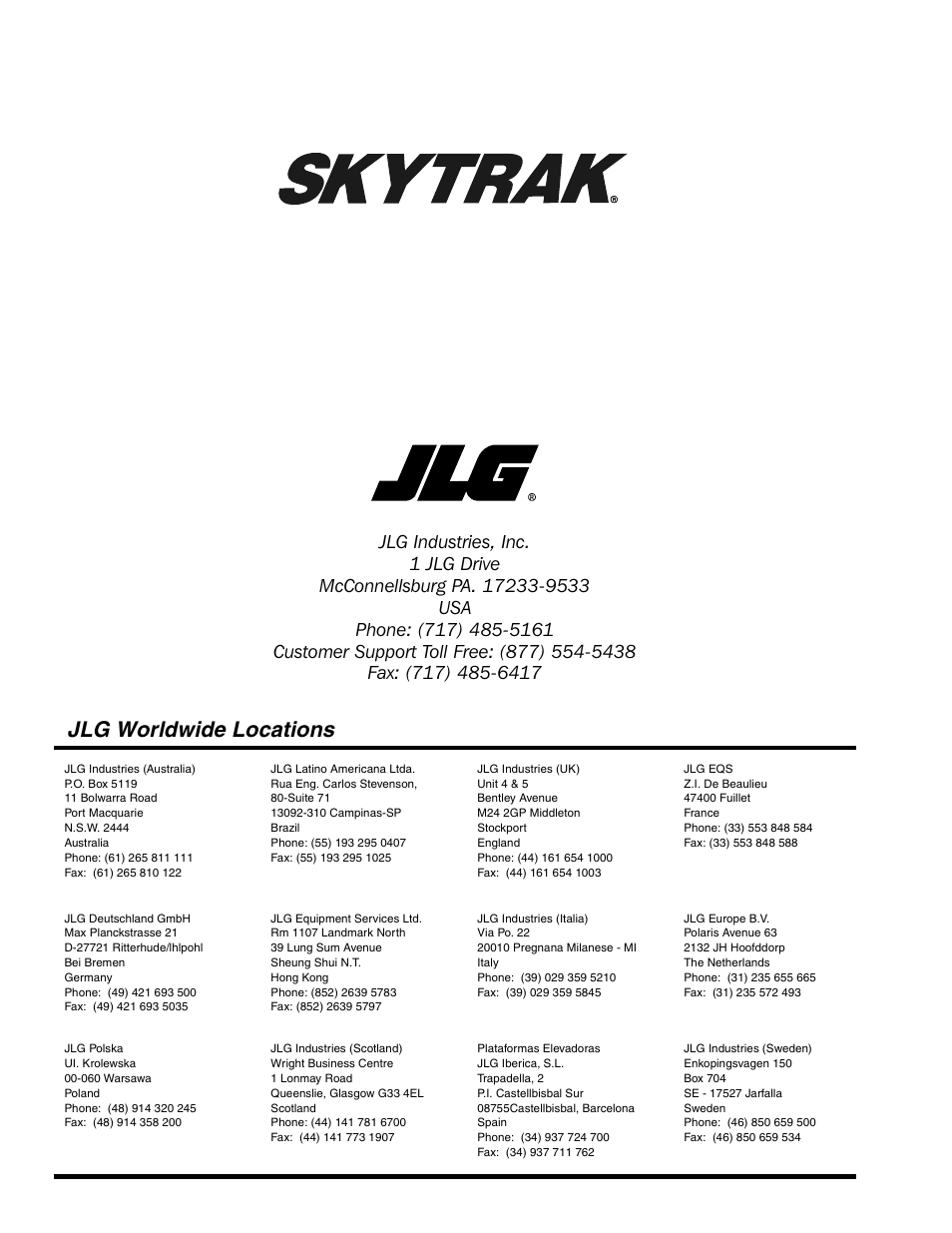Jlg worldwide locations | SkyTrak 3606 Parts Manual User Manual | Page 238 / 238