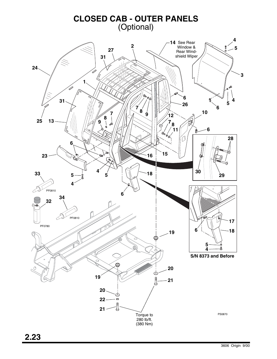 Closed cab - outer panels, Throttle pedal control, 4 speed) | 23 closed cab - outer panels (optional) | SkyTrak 3606 Parts Manual User Manual | Page 34 / 238