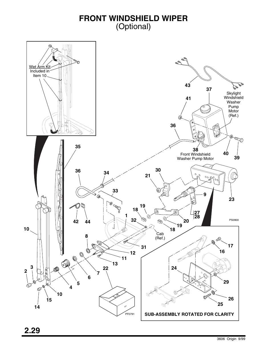 Front windshield wiper, Optional), Transmission & transfer box mounting | 29 front windshield wiper (optional) | SkyTrak 3606 Parts Manual User Manual | Page 40 / 238