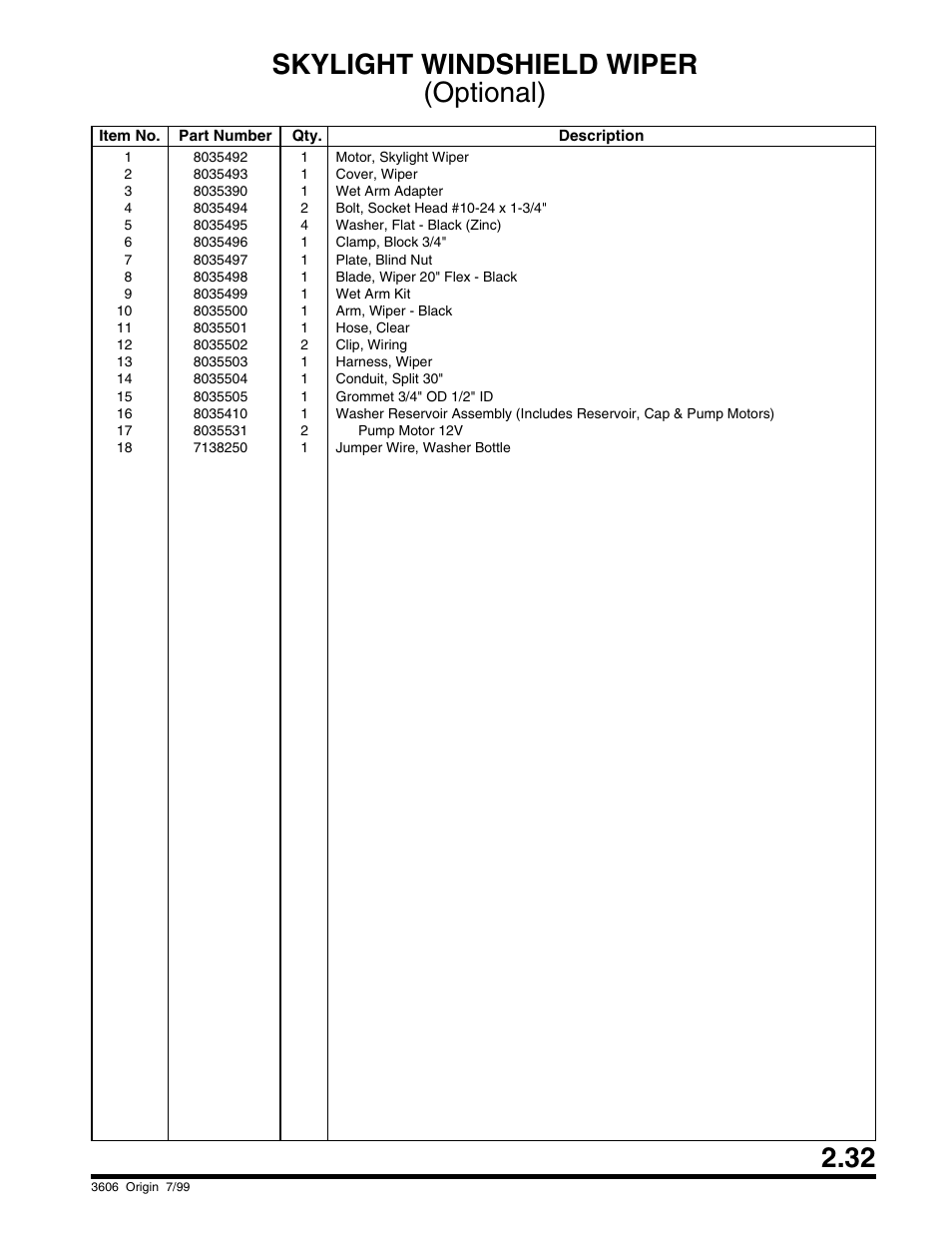 Skylight windshield wiper (optional) | SkyTrak 3606 Parts Manual User Manual | Page 43 / 238