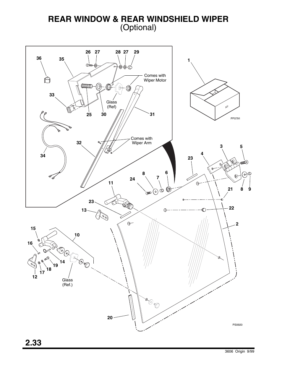 Rear window & rear windshield wiper, Closed cab - inner console & dash panel, Section 4 – power plant | 33 rear window & rear windshield wiper (optional) | SkyTrak 3606 Parts Manual User Manual | Page 44 / 238