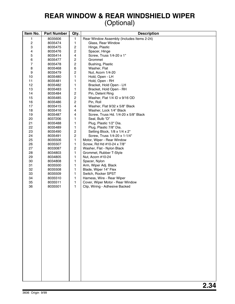Rear window & rear windshield wiper (optional) | SkyTrak 3606 Parts Manual User Manual | Page 45 / 238