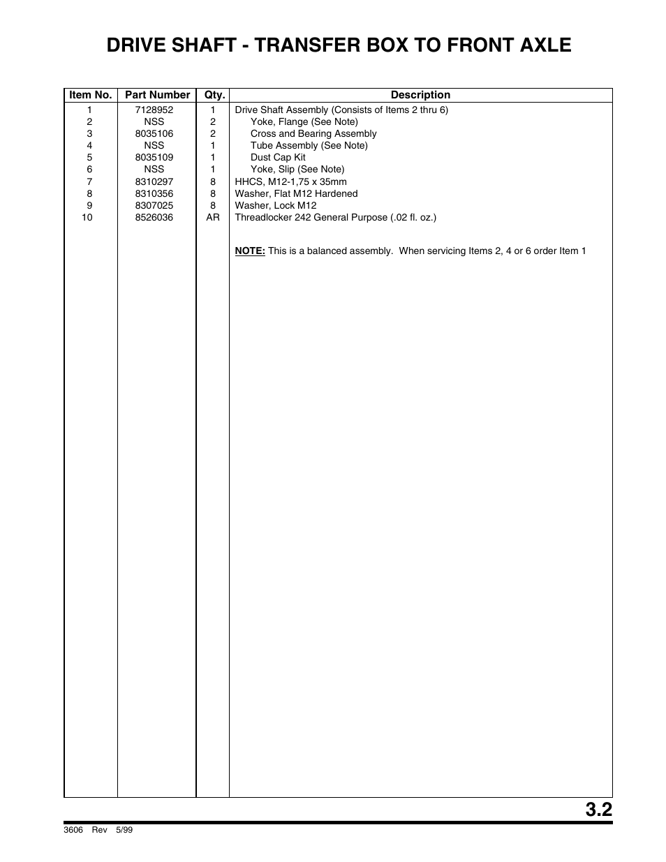 Drive shaft - transfer box to front axle | SkyTrak 3606 Parts Manual User Manual | Page 51 / 238