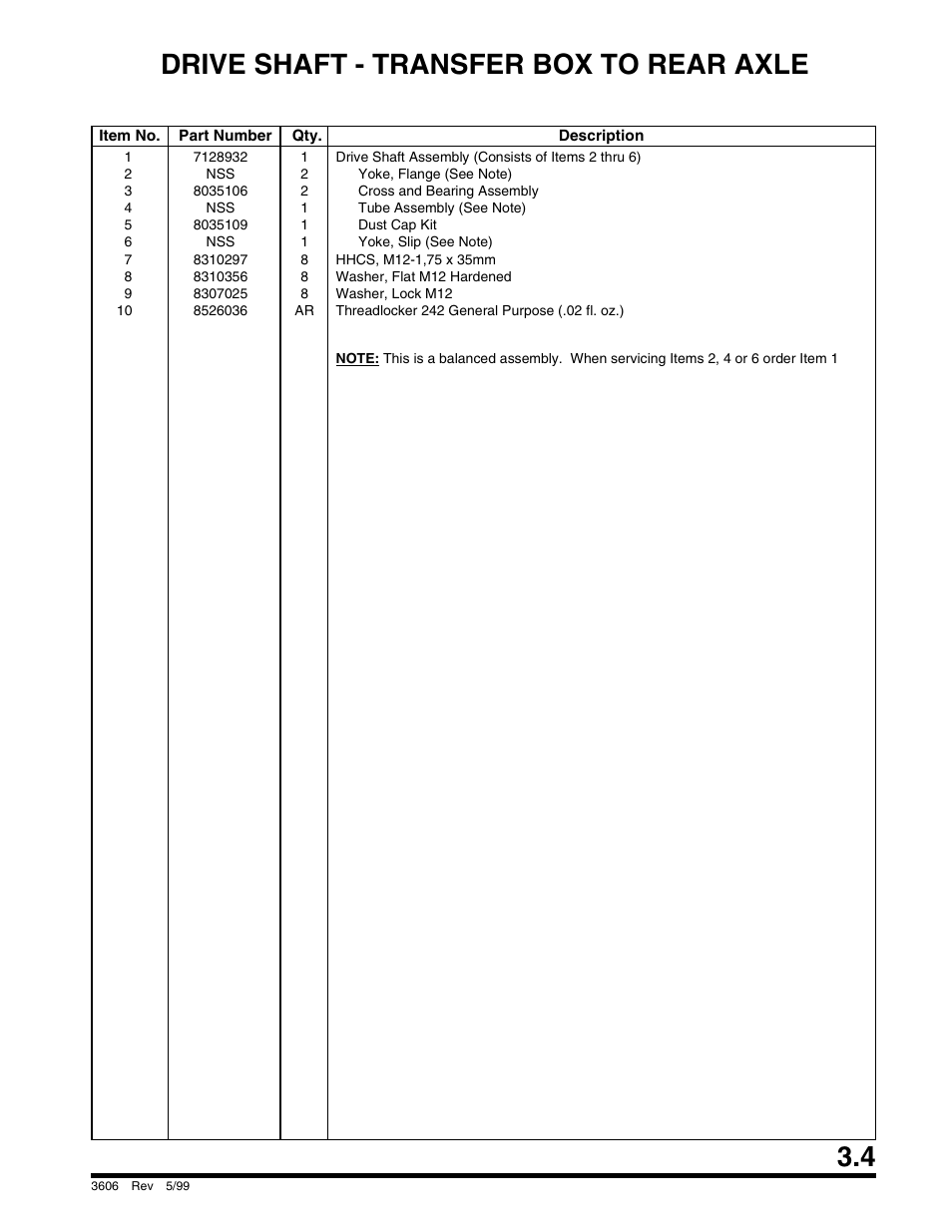 Drive shaft - transfer box to rear axle | SkyTrak 3606 Parts Manual User Manual | Page 53 / 238