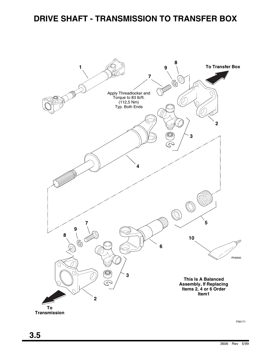 Drive shaft - transmission to transfer box, Front windshield wiper, Radiator and oil cooler | 5 drive shaft - transmission to transfer box | SkyTrak 3606 Parts Manual User Manual | Page 54 / 238