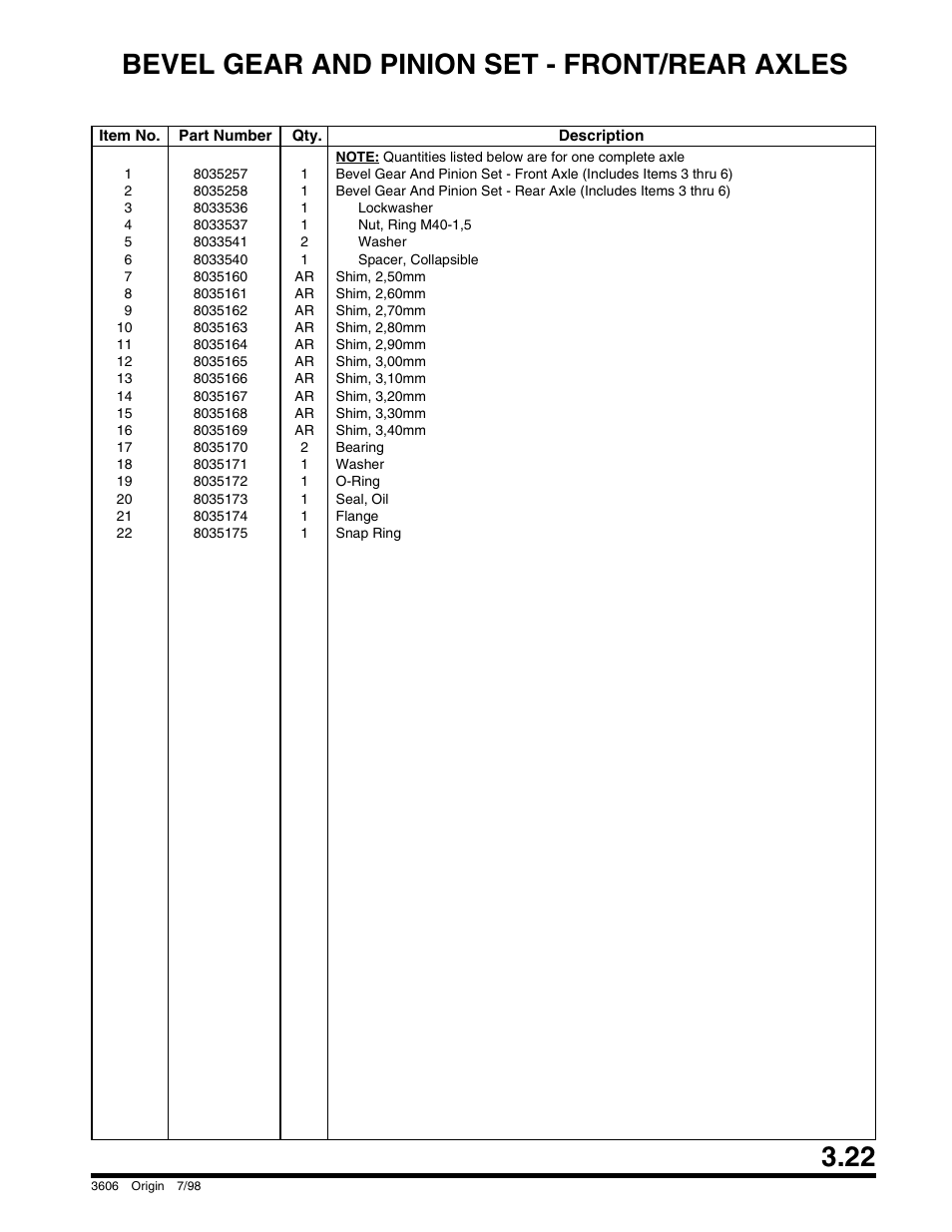 Bevel gear and pinion set - front/rear axles | SkyTrak 3606 Parts Manual User Manual | Page 71 / 238