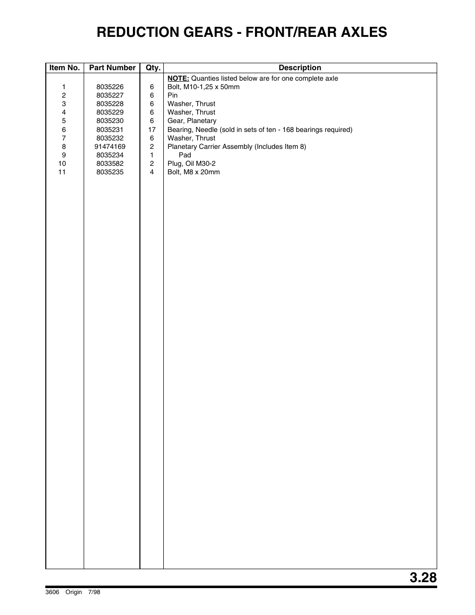 Reduction gears - front/rear axles | SkyTrak 3606 Parts Manual User Manual | Page 77 / 238