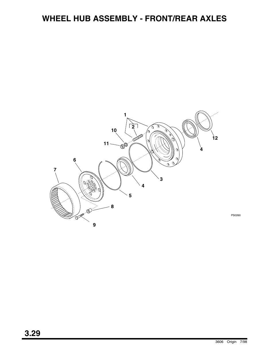 Wheel hub assembly - front/rear axles, Drive shaft - transfer box to front axle, 29 wheel hub assembly - front/rear axles | SkyTrak 3606 Parts Manual User Manual | Page 78 / 238