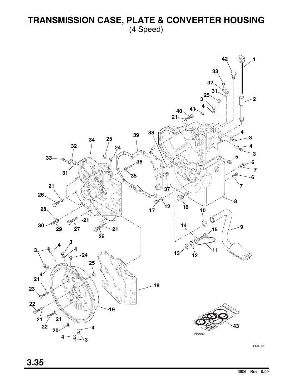 35 transmission case, plate & converter housing, 4 speed) | SkyTrak 3606 Parts Manual User Manual | Page 84 / 238