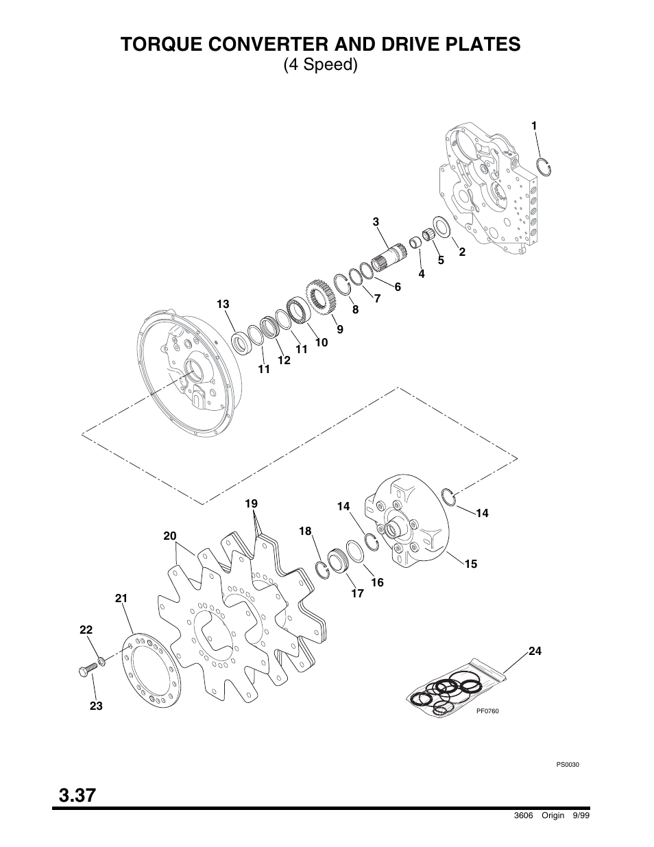 Torque converter and drive plates (4 speed), 37 torque converter and drive plates, 4 speed) | SkyTrak 3606 Parts Manual User Manual | Page 86 / 238