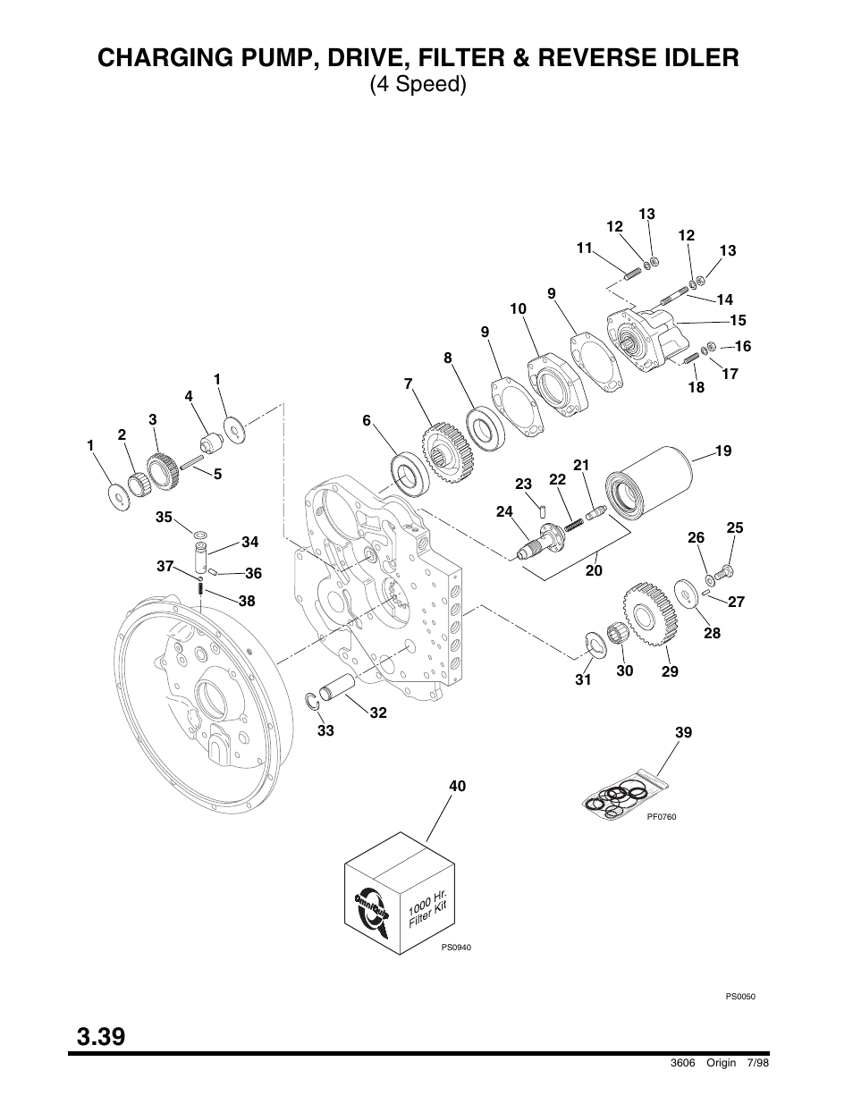39 charging pump, drive, filter & reverse idler, 4 speed) | SkyTrak 3606 Parts Manual User Manual | Page 88 / 238