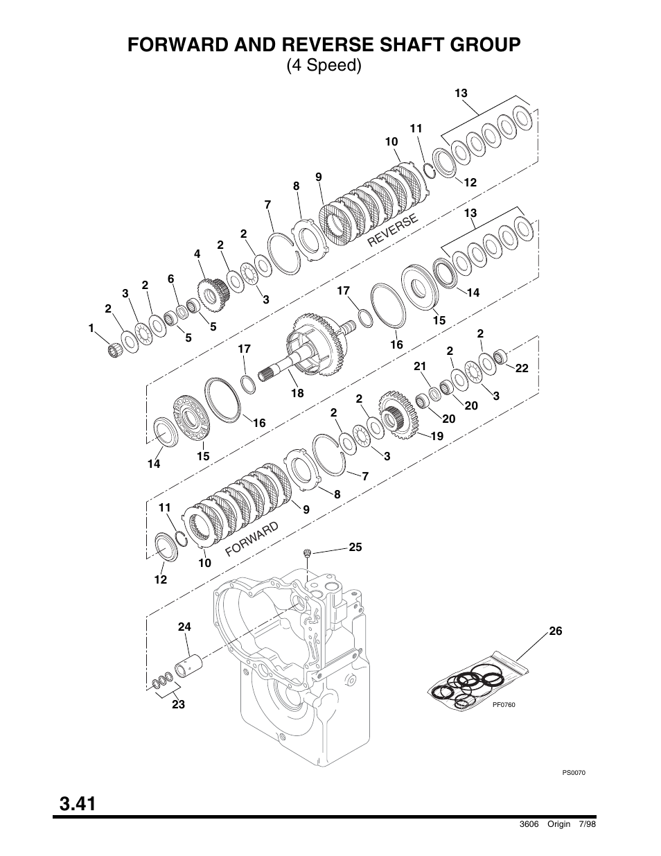Forward and reverse shaft group (4 speed), Axle housing - rear axle, 41 forward and reverse shaft group | 4 speed) | SkyTrak 3606 Parts Manual User Manual | Page 90 / 238