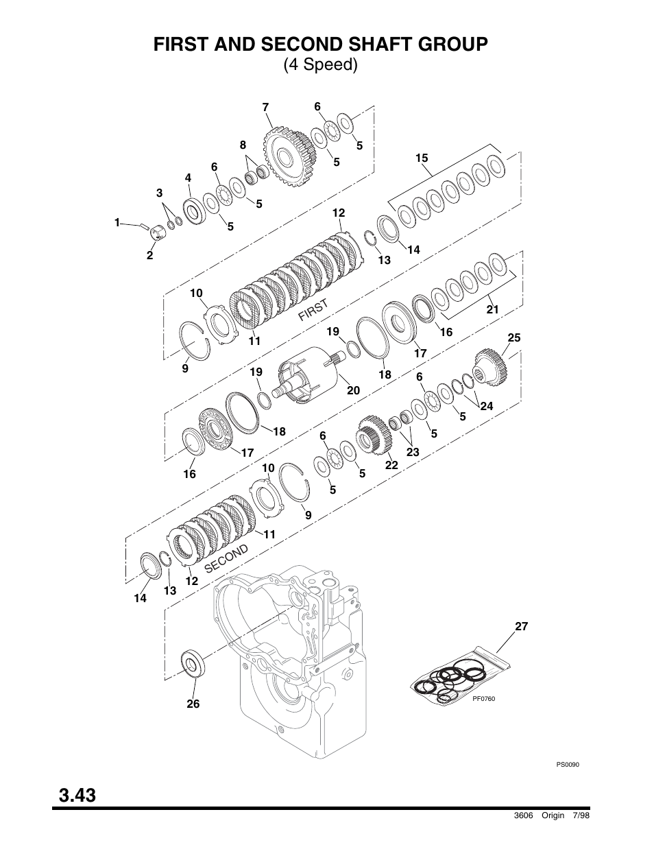 First and second shaft group (4 speed), Steer cylinder and swivels - front axle, Cummins) | 43 first and second shaft group, 4 speed) | SkyTrak 3606 Parts Manual User Manual | Page 92 / 238