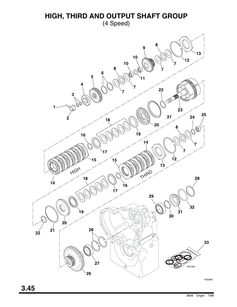 High, third and output shaft group (4 speed), Steer cylinder and swivels - rear axle, And seal assembly | 45 high, third and output shaft group, 4 speed) | SkyTrak 3606 Parts Manual User Manual | Page 94 / 238