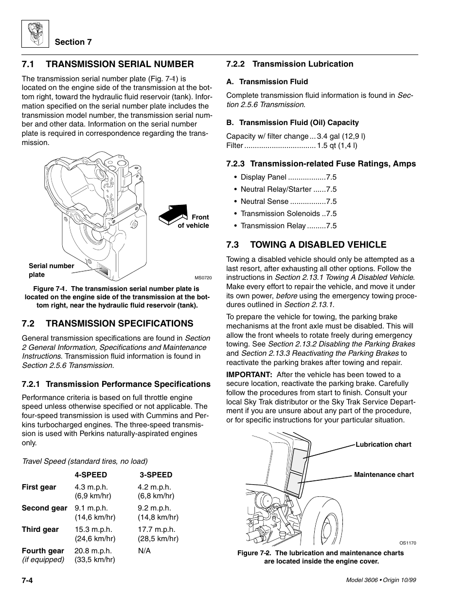 Transmission serial number, Transmission specifications, Transmission performance specifications | Transmission lubrication, Transmission-related fuse ratings, amps, Towing a disabled vehicle | SkyTrak 3606 Service Manual User Manual | Page 138 / 412