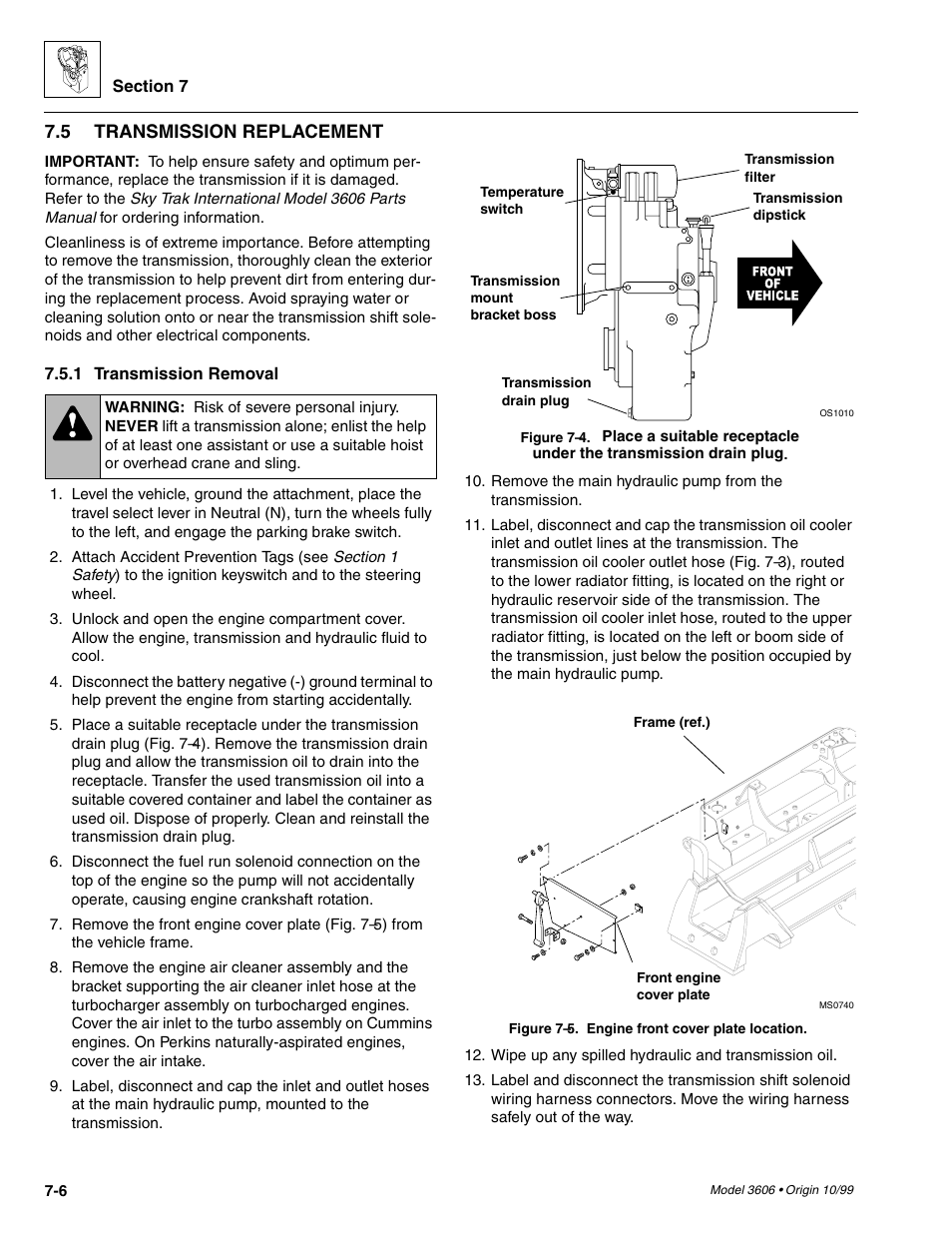 Transmission replacement, Transmission removal | SkyTrak 3606 Service Manual User Manual | Page 140 / 412