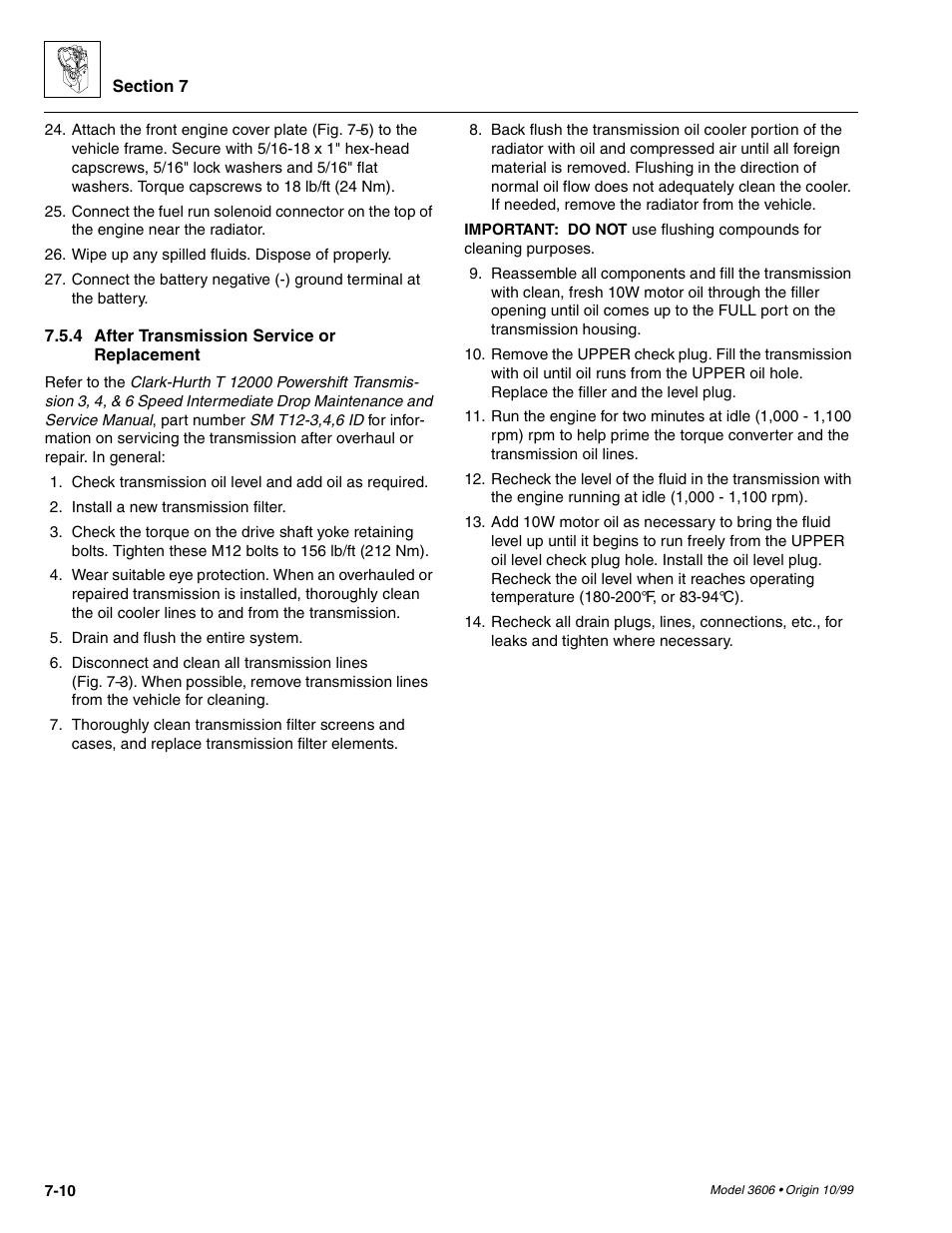 After transmission service or replacement -10 | SkyTrak 3606 Service Manual User Manual | Page 144 / 412
