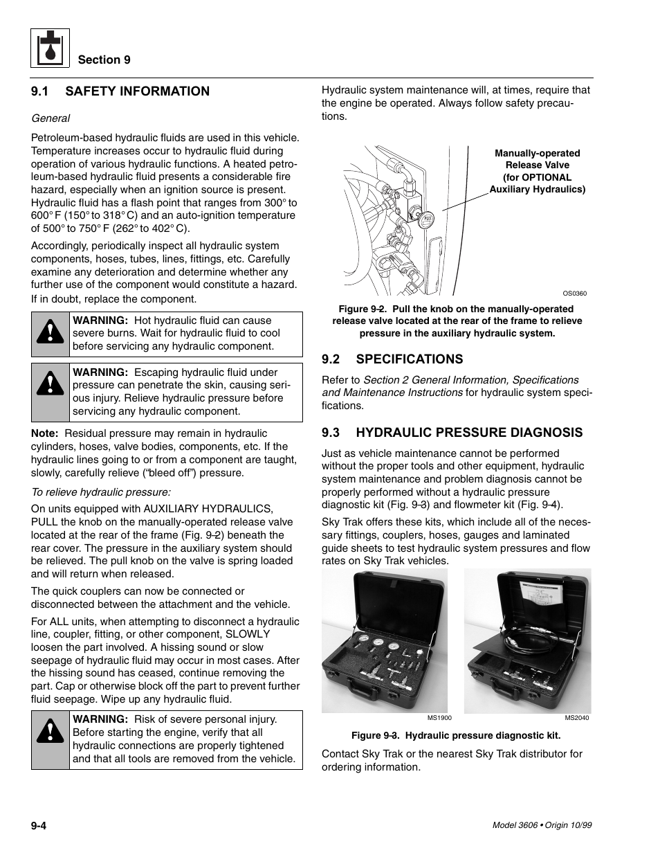 Safety information, Specifications, Hydraulic pressure diagnosis | SkyTrak 3606 Service Manual User Manual | Page 198 / 412