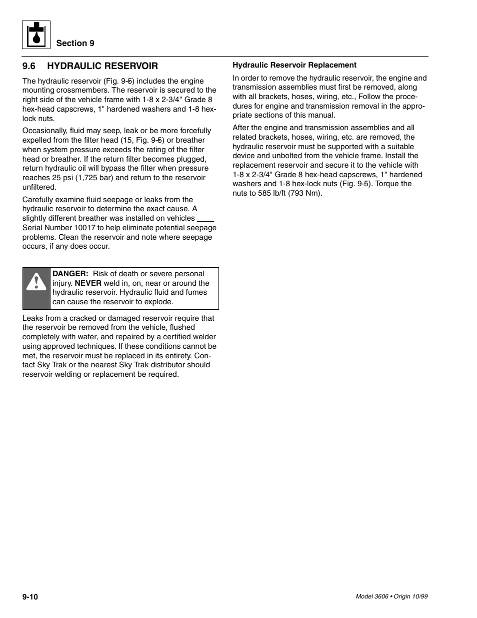 Hydraulic reservoir -10 | SkyTrak 3606 Service Manual User Manual | Page 204 / 412