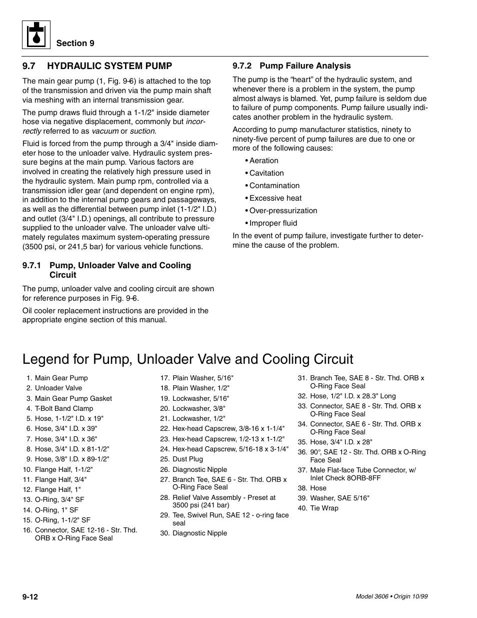 Hydraulic system pump -12 9.7.1, Pump, unloader valve and cooling circuit -12, Pump failure analysis -12 | SkyTrak 3606 Service Manual User Manual | Page 206 / 412