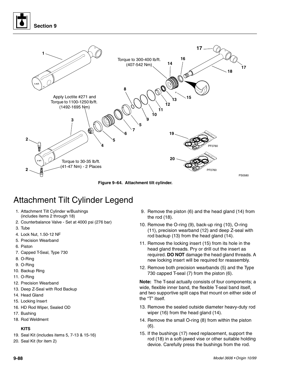 Fig. 9– 64, Fig. 9– 64), Nt (1 | Nt (18, Be (3, On (6, Nut (4, Od (18, Attachment tilt cylinder legend | SkyTrak 3606 Service Manual User Manual | Page 282 / 412