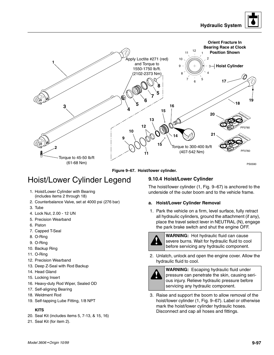 Hoist/lower cylinder legend | SkyTrak 3606 Service Manual User Manual | Page 291 / 412