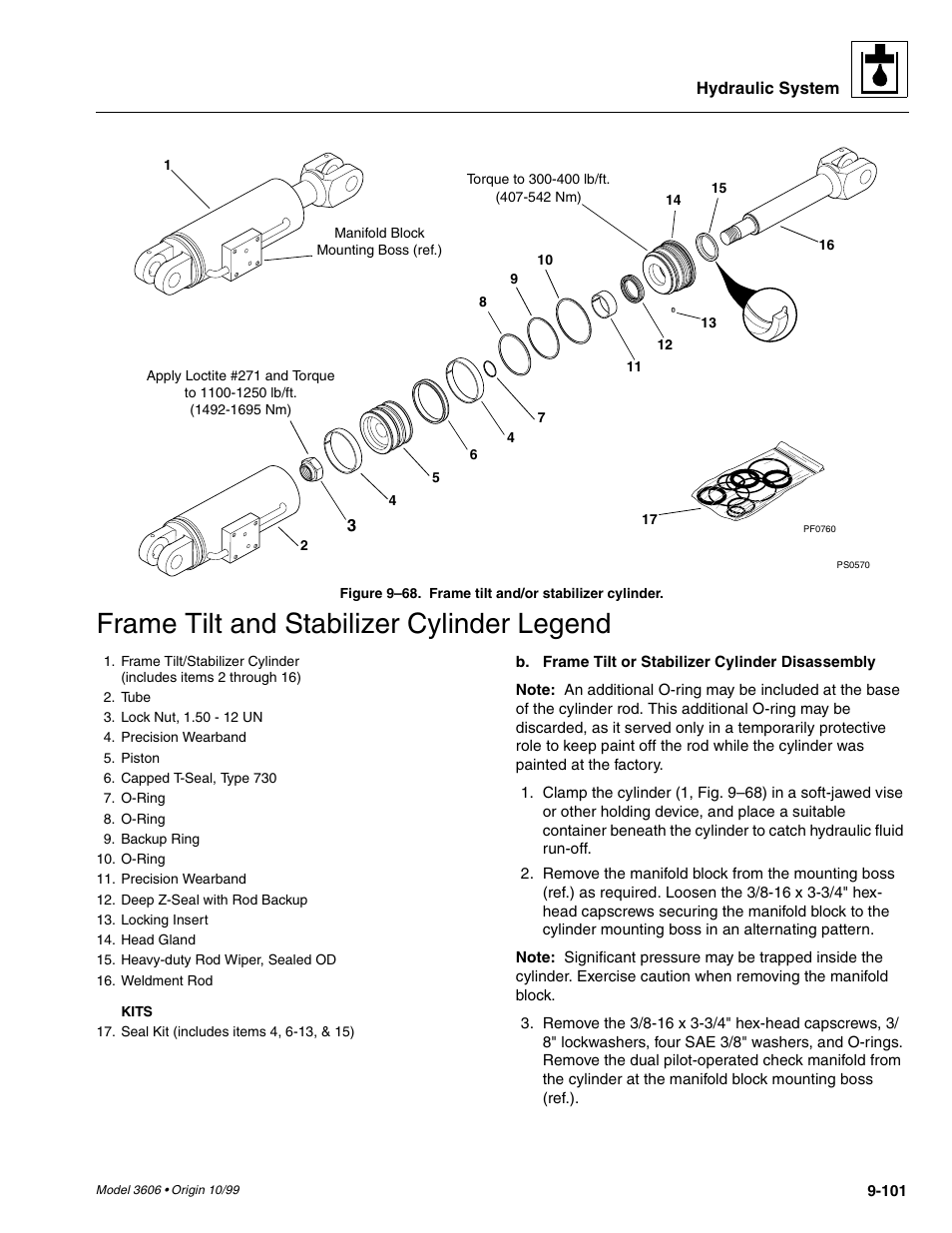 S (fig. 9– 68), Frame tilt and stabilizer cylinder legend | SkyTrak 3606 Service Manual User Manual | Page 295 / 412