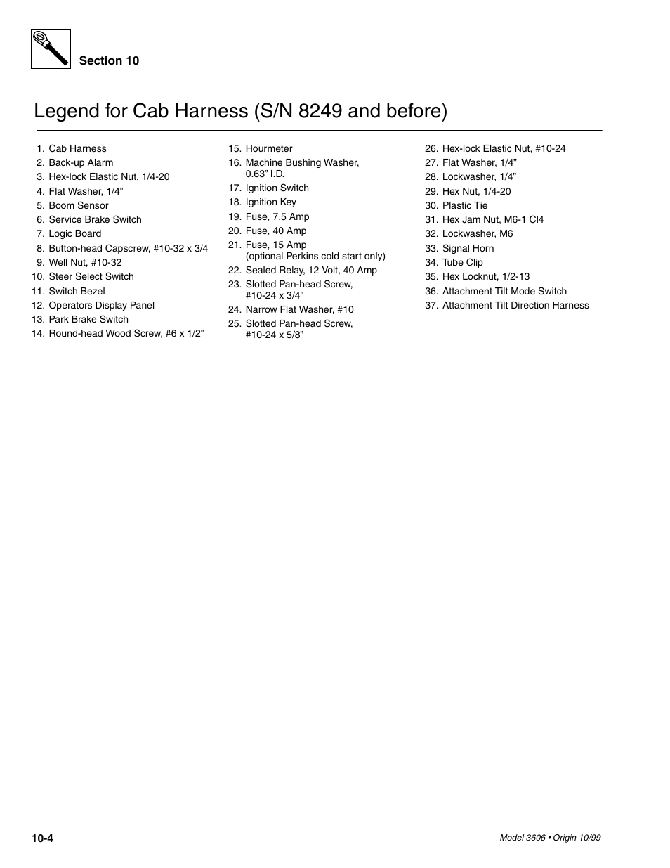 Legend for cab harness (s/n 8249 and before) | SkyTrak 3606 Service Manual User Manual | Page 322 / 412