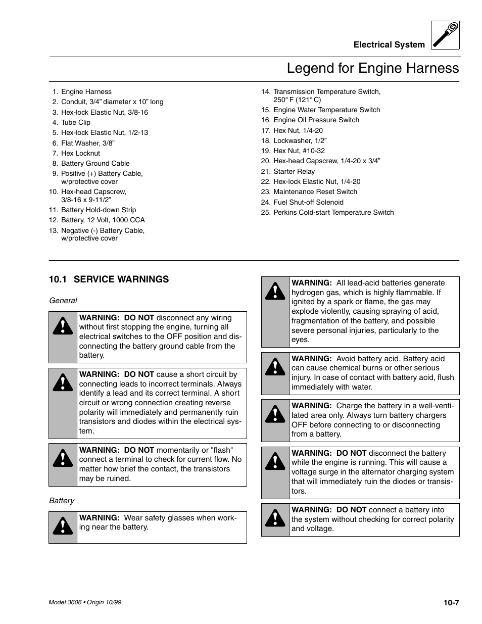 Service warnings -7, Legend for engine harness | SkyTrak 3606 Service Manual User Manual | Page 325 / 412