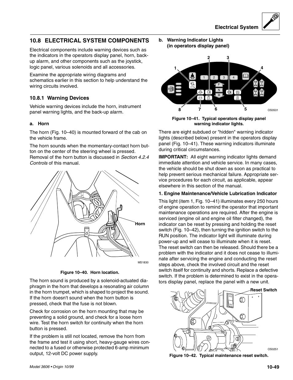 8 electrical system components, Electrical system, 1 warning devices | SkyTrak 3606 Service Manual User Manual | Page 367 / 412