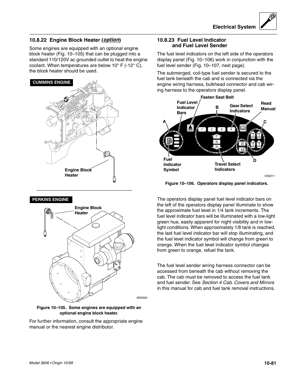 Electrical system, 22 engine block heater ( option ), 23 fuel level indicator and fuel level sender | SkyTrak 3606 Service Manual User Manual | Page 399 / 412