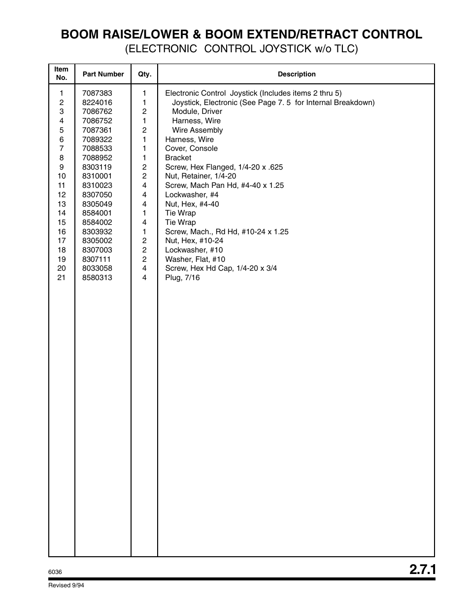 Boom raise/lower & boom extend/retract control, Electronic control joystick w/o tlc) | SkyTrak 6036 Parts Manual User Manual | Page 25 / 300