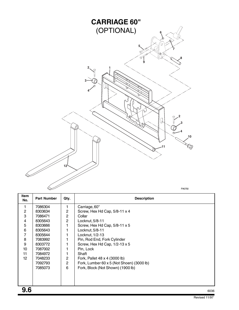 Carriage 60" (optional) | SkyTrak 6036 Parts Manual User Manual | Page 266 / 300