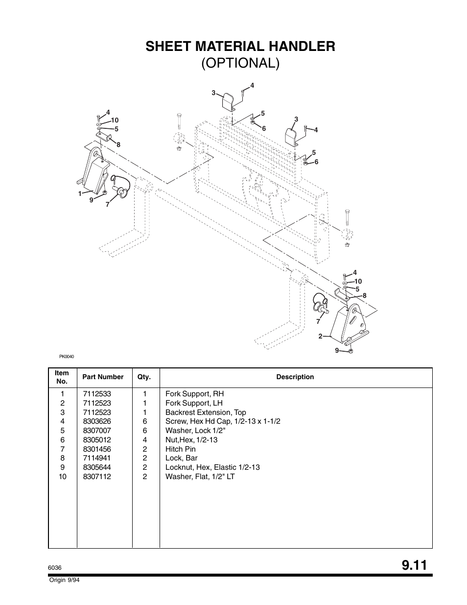 Sheet material handler (optional) 9.11 | SkyTrak 6036 Parts Manual User Manual | Page 281 / 300